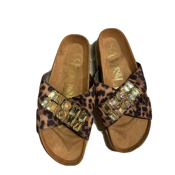 Sam & Libby Sandal Womens Size 7 Cheetah Print Jewels Suede Cork Insole Slip on - Picture 1 of 10